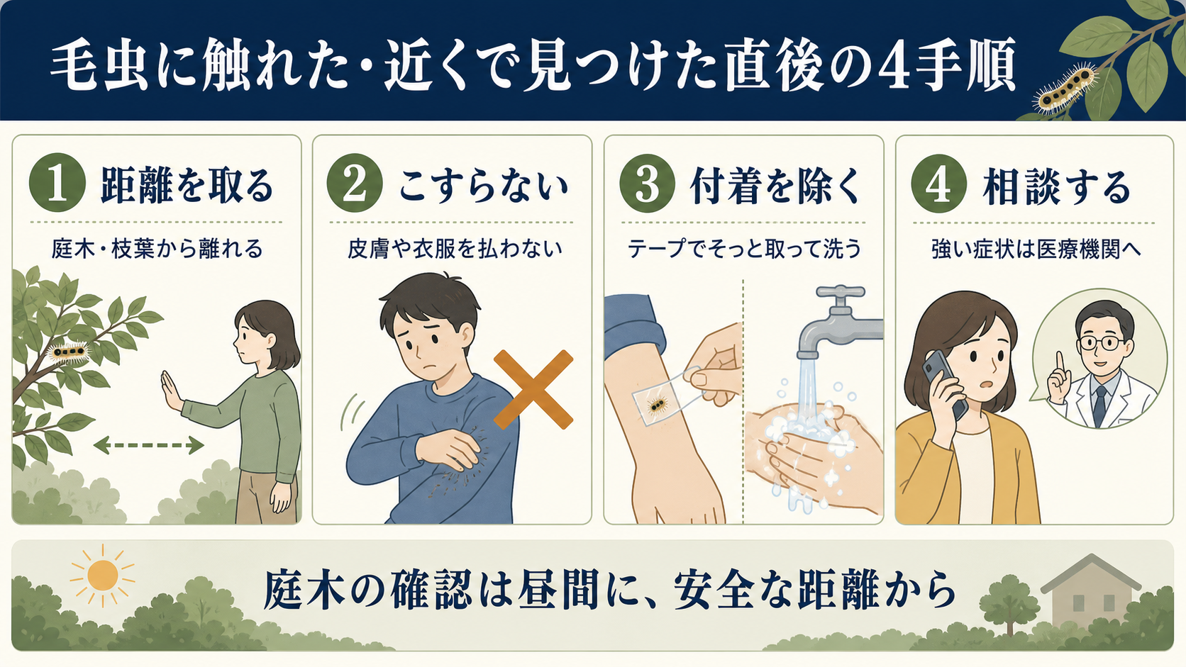 毛虫に触れた、または近くで見つけた直後に距離を取り、こすらず、付着を除き、強い症状は相談する4手順の図解