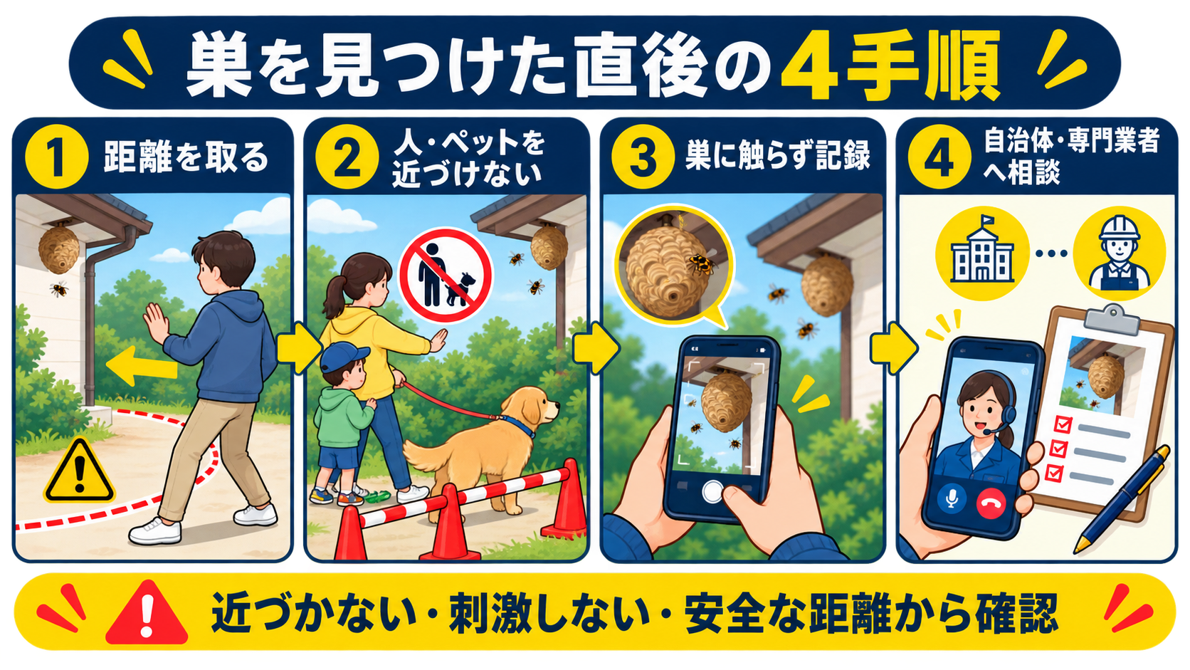 ハチの巣を見つけた直後に距離を取り、人とペットを遠ざけ、記録して自治体や専門業者へ相談する4手順の図解