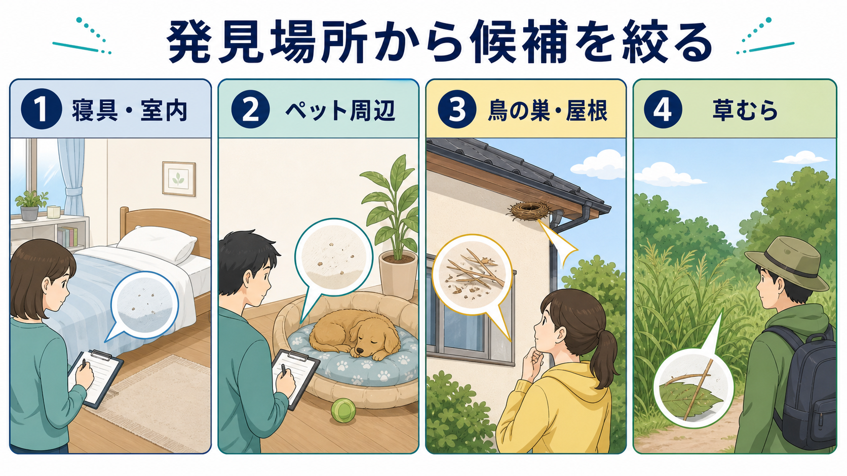 寝具、ペット周辺、鳥の巣や屋根、草むらの4つの発見場所からダニの候補を絞る図解