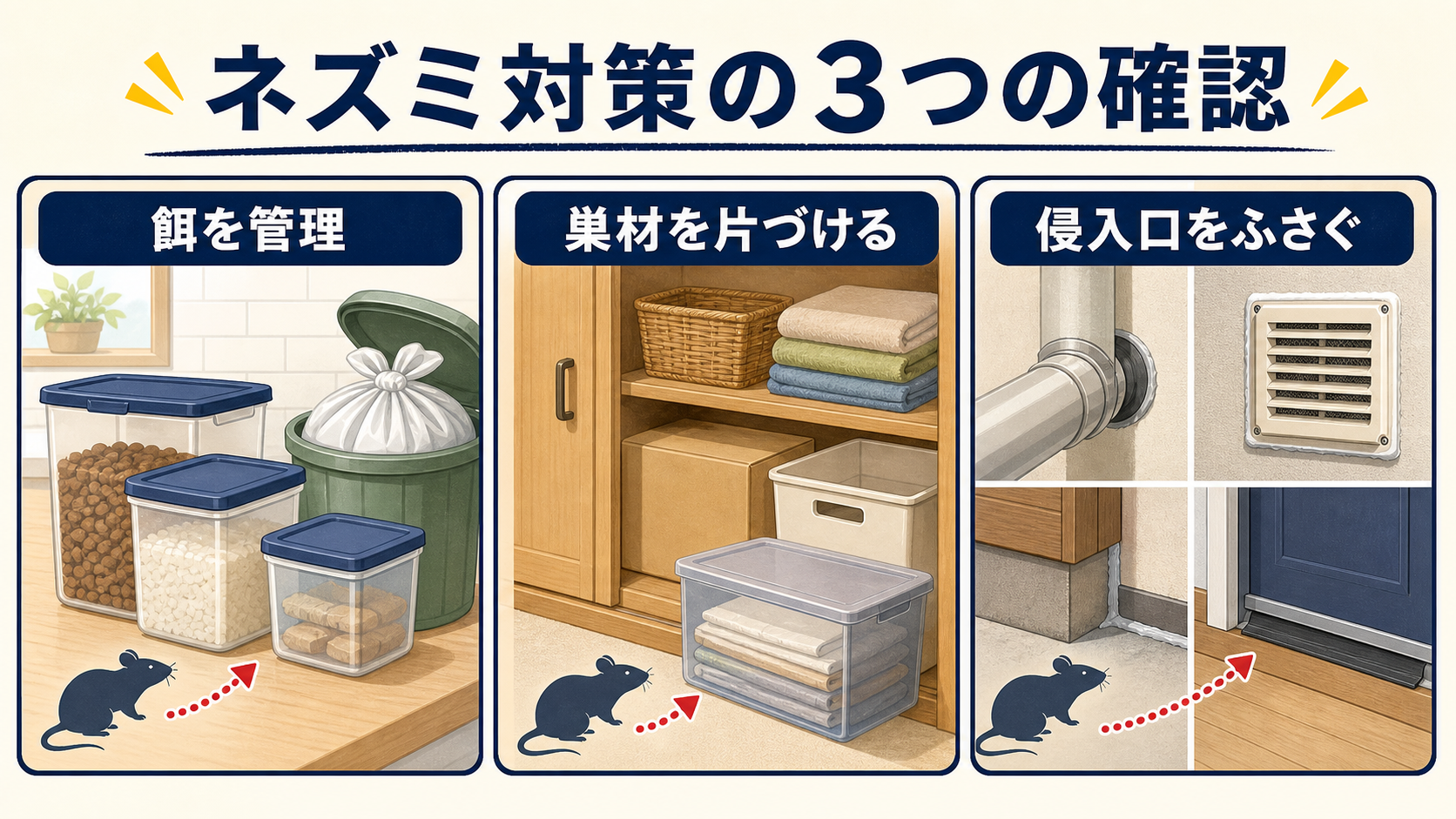 ネズミ対策を餌の管理、巣材を片づける、侵入口をふさぐの3つに分けて示した解説図
