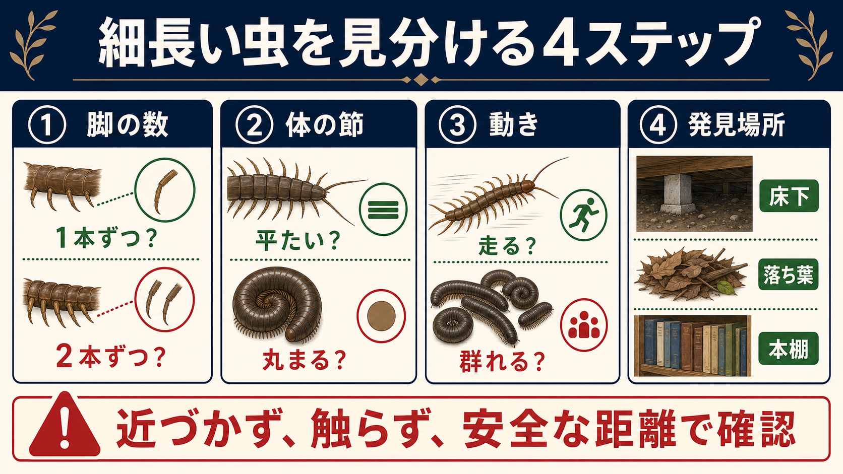 細長い虫を脚の数、体の節、動き、発見場所の4ステップで見分ける図解